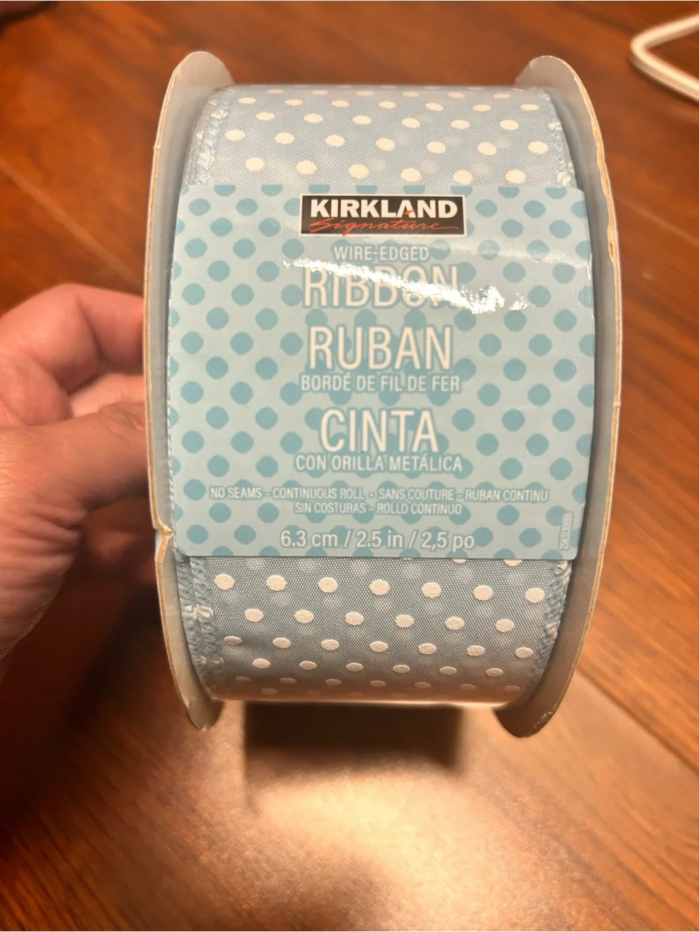 Kirkland Signature Light Blue Polka Dot Wire-Edged Ribbon 50yd, 2.5 inches New